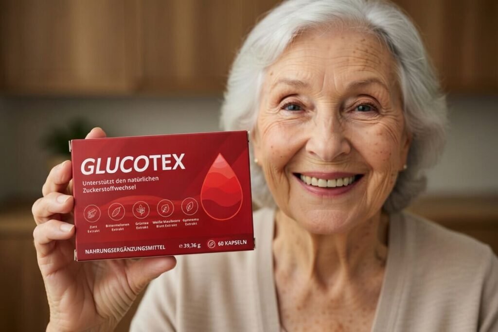 Lächelnde Frau hält eine Packung Glucotex